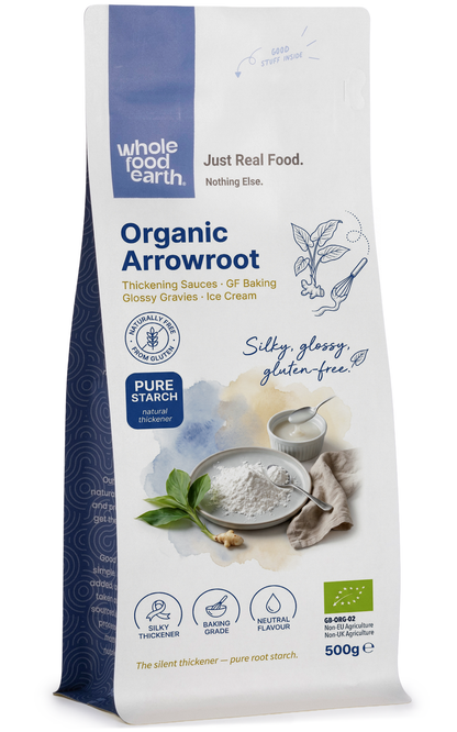Organic Arrowroot powder from Whole Food Earth, close-up of the white, fine, gluten-free specialty powder in a clear container.