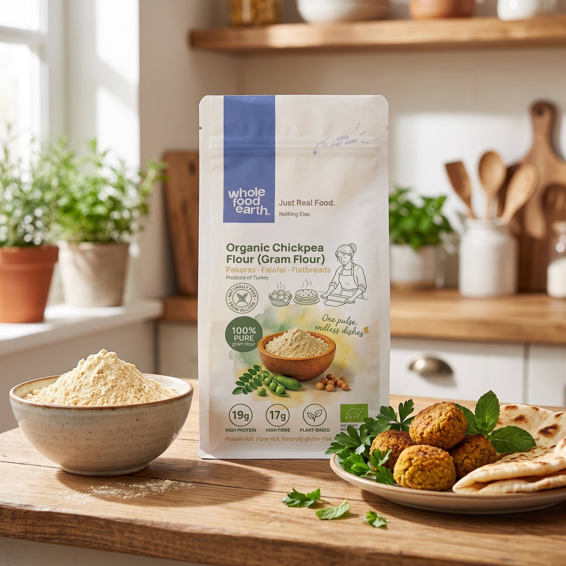 Organic chickpea flour in a Whole Food Earth package, natural gluten-free flour for cooking and baking.