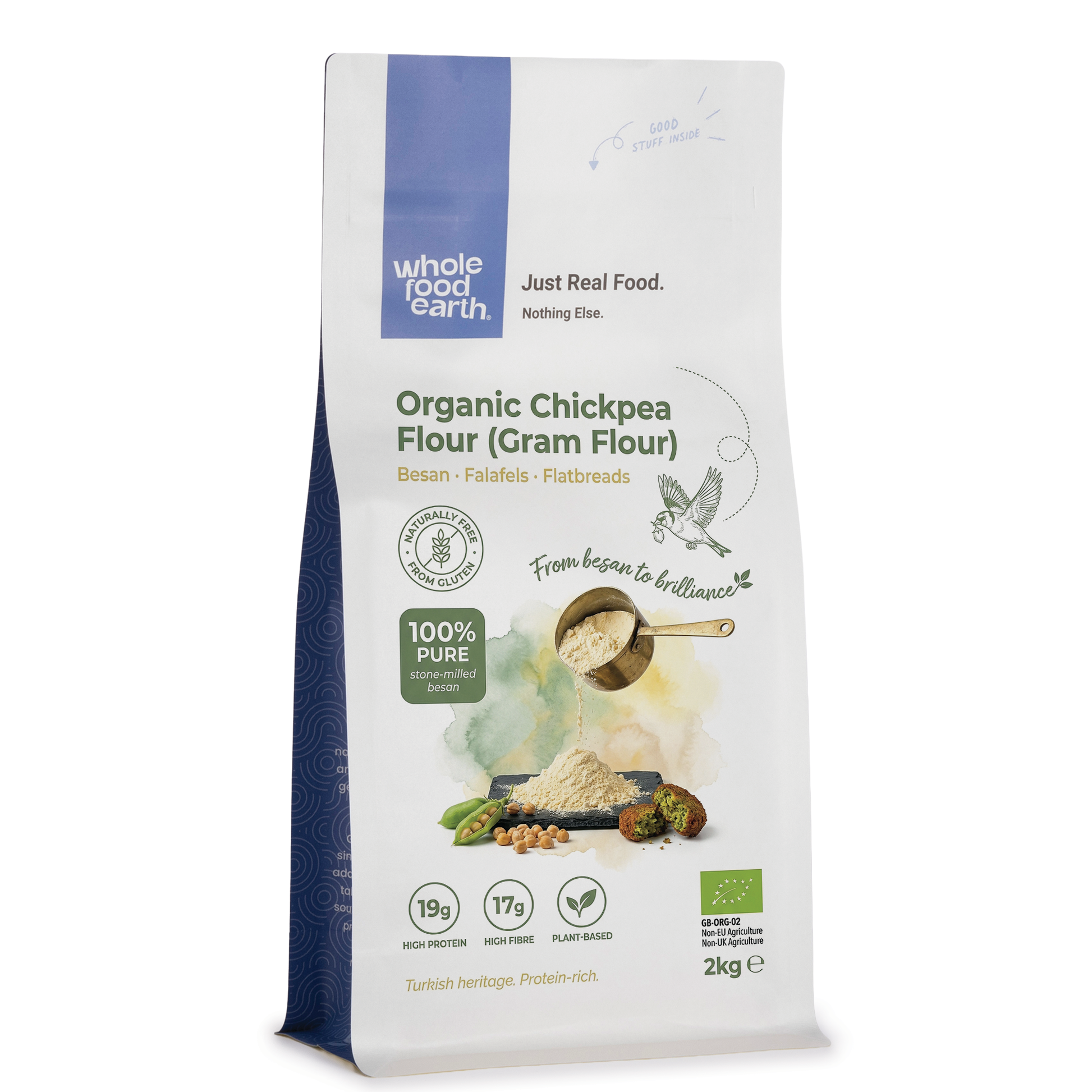 Organic chickpea flour, also known as gram flour, in a bag from Whole Food Earth, displayed with a scoop and bowl of flour.