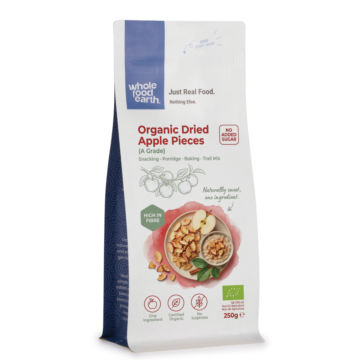 Organic dried apple pieces from Whole Food Earth, A grade dried fruits, showing golden apple slices on a white background.