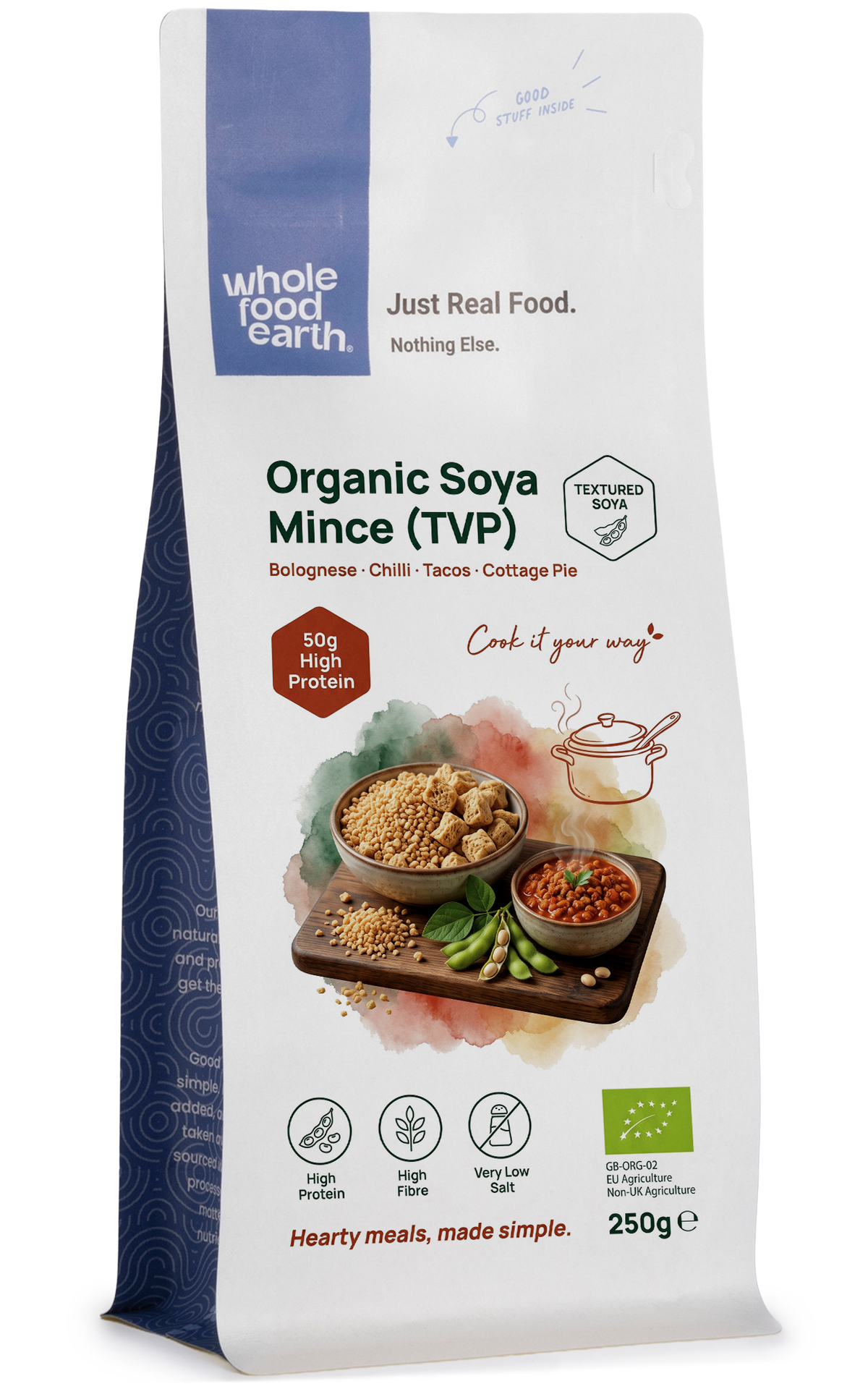 Organic Soya Mince (TVP) in rice and couscous packaging by Whole Food Earth, showing the product and branding on the package.