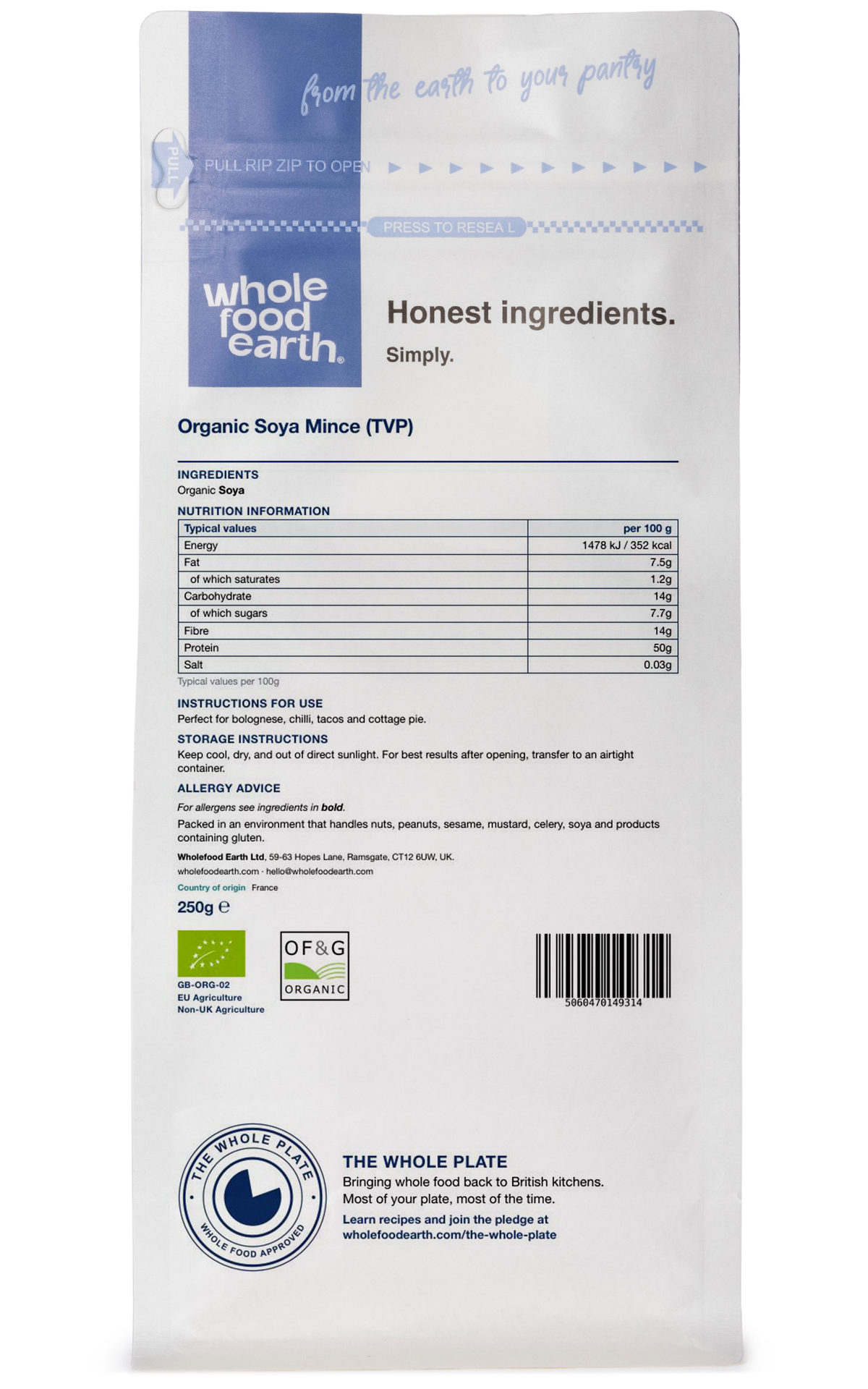 Organic Soya Mince (TVP) in rice and couscous packaging from Whole Food Earth, showing the product front view.