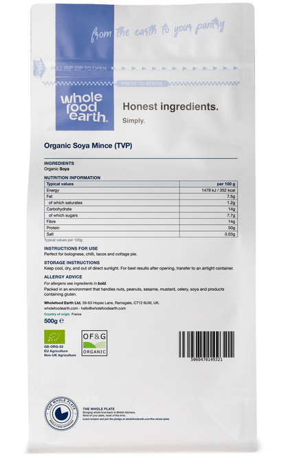 Organic Soya Mince (TVP) from Whole Food Earth, packaged in rice and couscous style, shown from the back in 3D view.