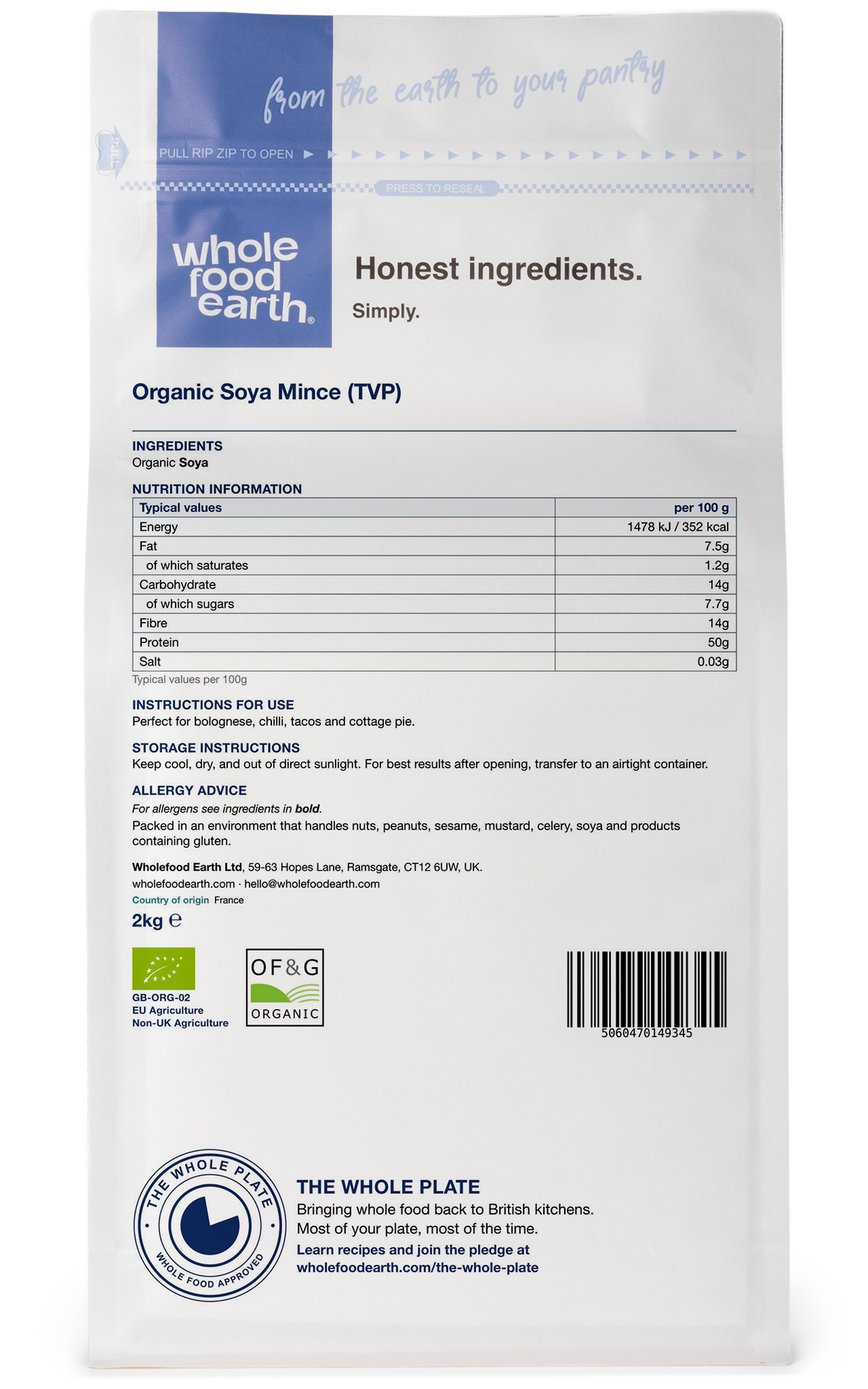 Organic Soya Mince TVP in rice and couscous packaging by Whole Food Earth, showing the product front and branding.