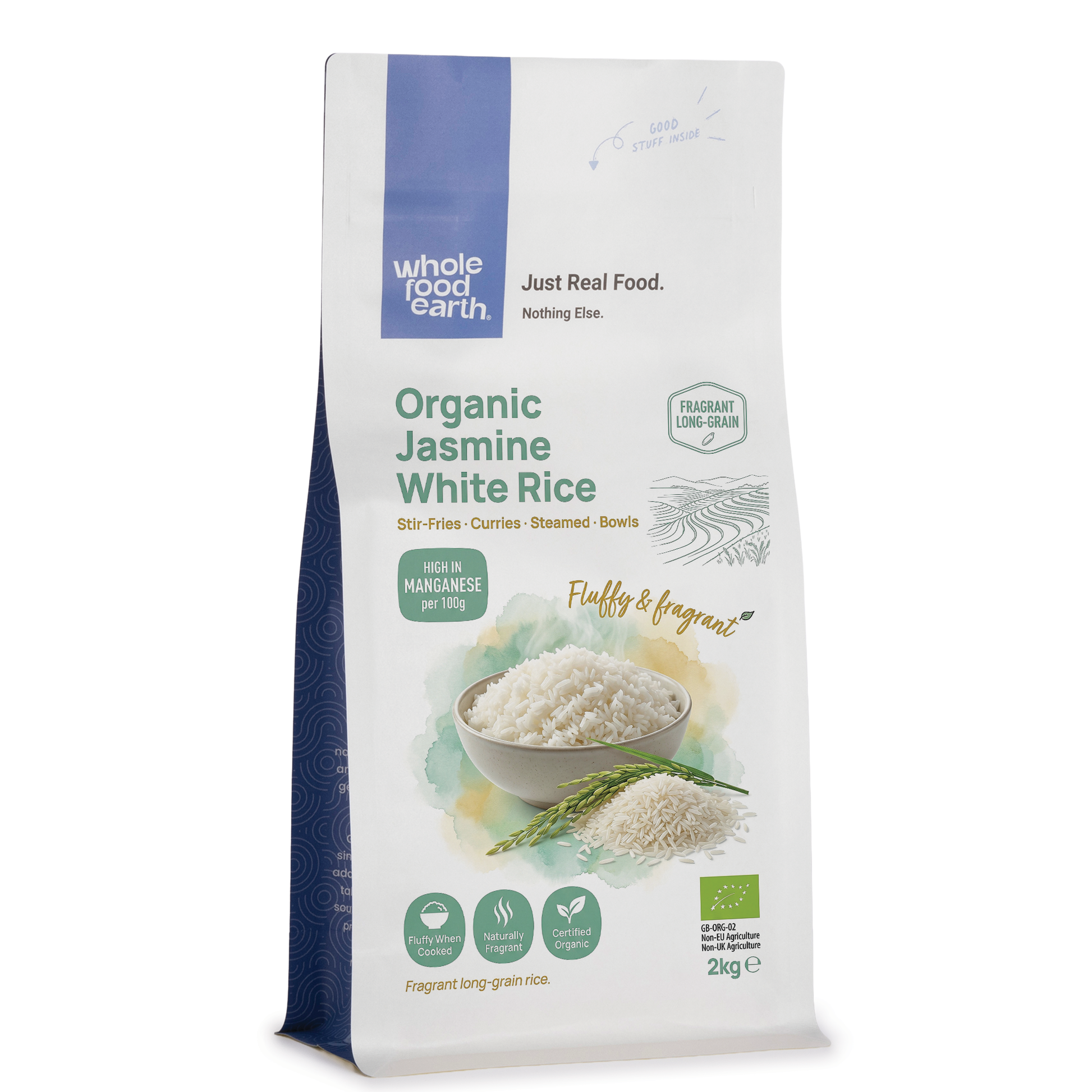 Organic Jasmine white rice from Whole Food Earth in a clear bag, showcasing fluffy, long-grain rice ready for cooking.