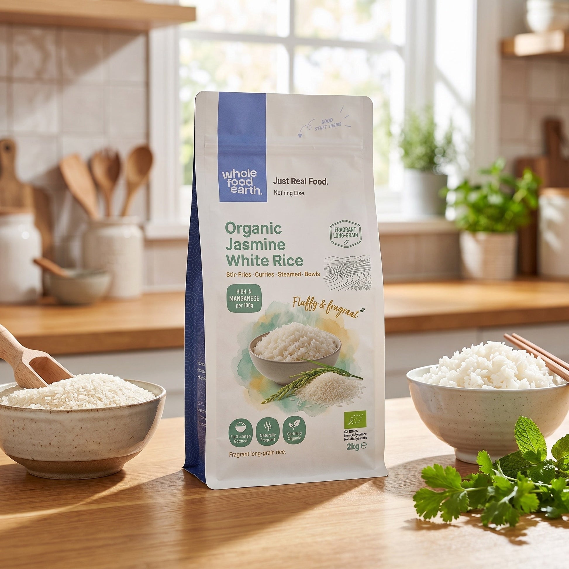 Organic jasmine white rice from Whole Food Earth, featuring long grains and a clean, natural appearance.
