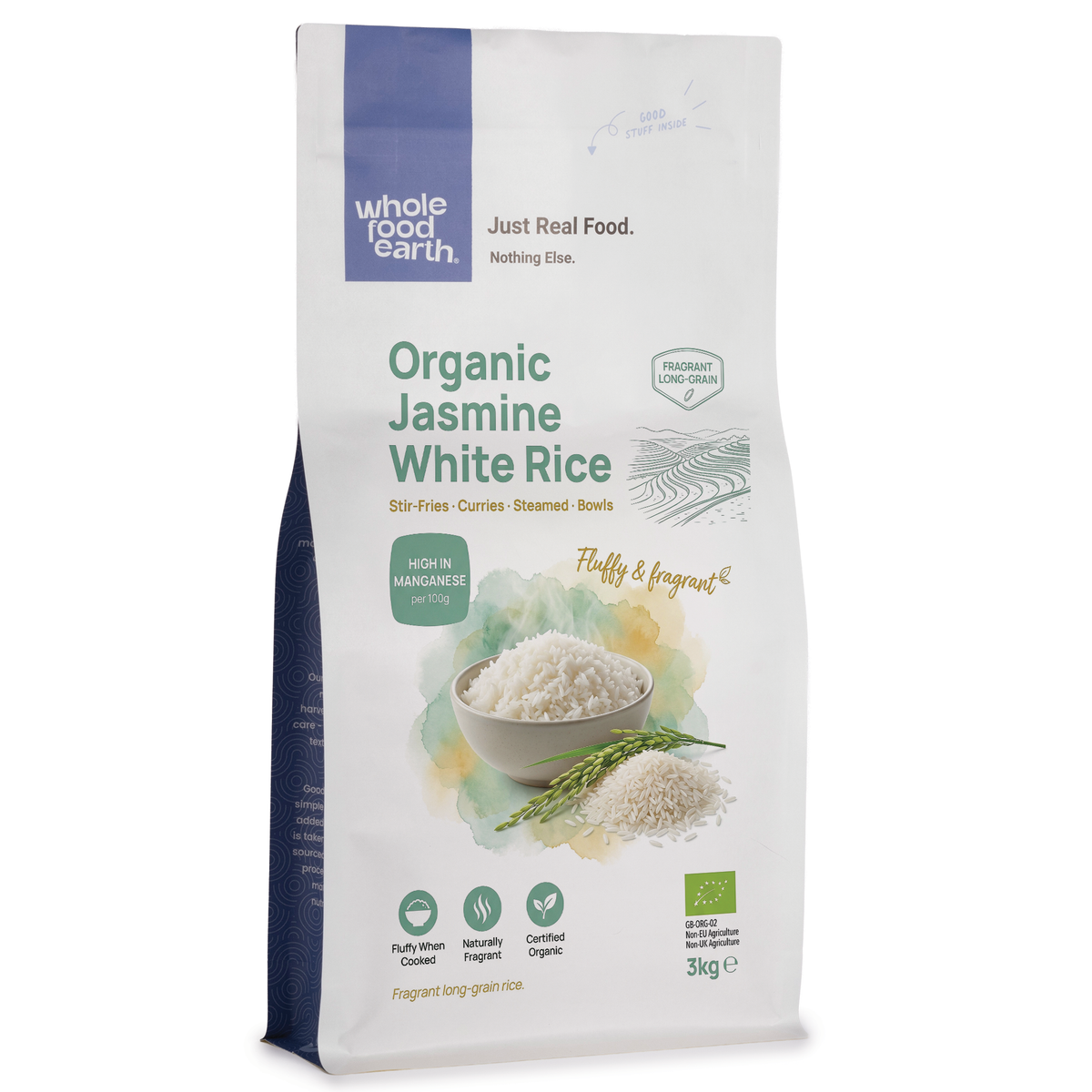 Organic jasmine white rice in a clear bag, showing the fluffy, long-grain rice from Whole Food Earth, ideal for cooking and baking.