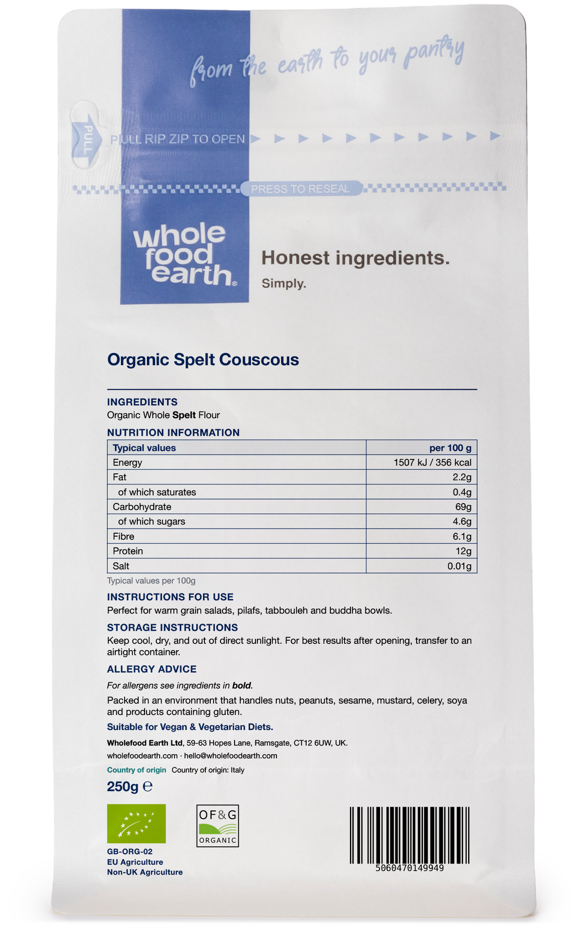 Whole Food Earth organic couscous spelt in a clear container, showing the light beige grains suitable for cooking and baking.