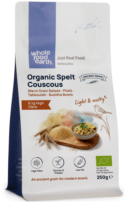 Organic Whole Food Earth couscous spelt grains in a clear package, showcasing the wholesome, natural appearance of the flour and grain.