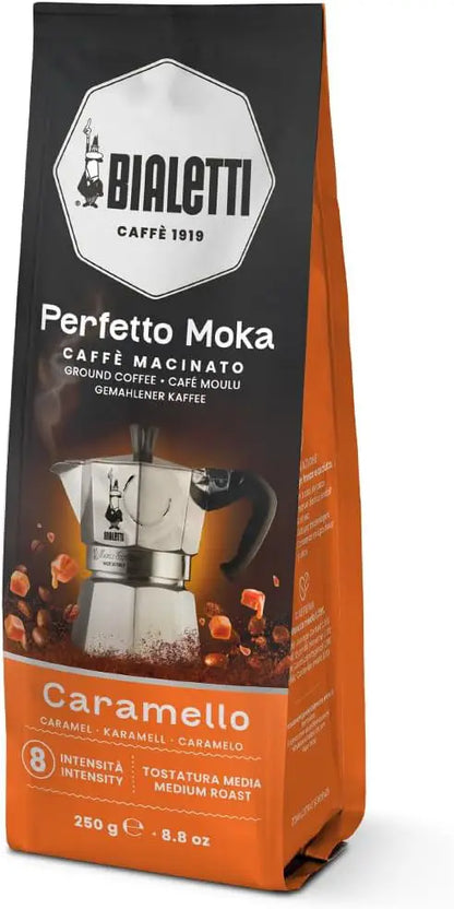 Bialetti Perfetto Moka stovetop coffee maker by Brew Italia with shiny stainless steel design and ergonomic handle.