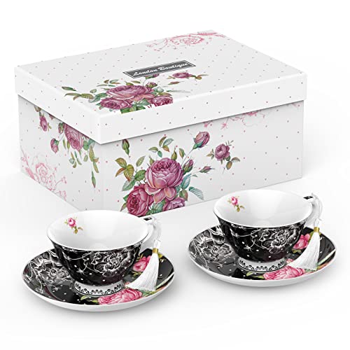 London Boutique Lifestyle vintage bone china tea cup and saucer set with floral design, black finish, ideal for afternoon tea.