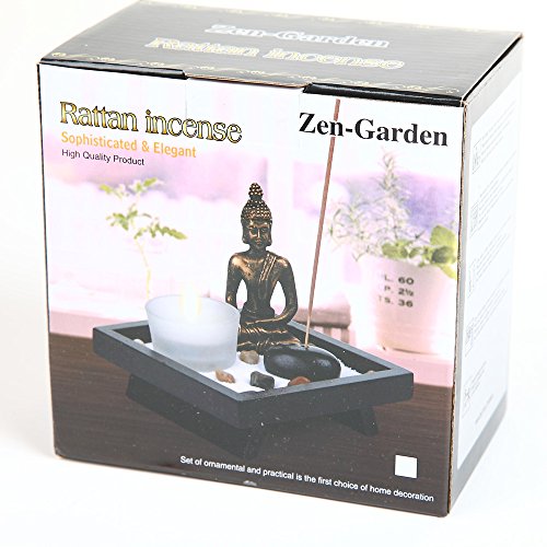 Thai Sitting Buddha ornament statue with candle holders, natural stone and rattan incense set, 51cm tall, from London Boutique Lifestyle.