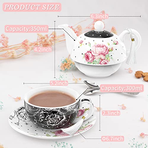 London Boutique Tea for One Teapot Teacup Saucer Set Afternoon Tea Set for 1 New Bone China Vintage Flora Gift for Women 350m (Black)