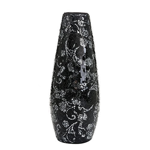 Large black mosaic glass vase for flowers, handmade by London Boutique Lifestyle, 18-inch tall with glitter and decorative rose design