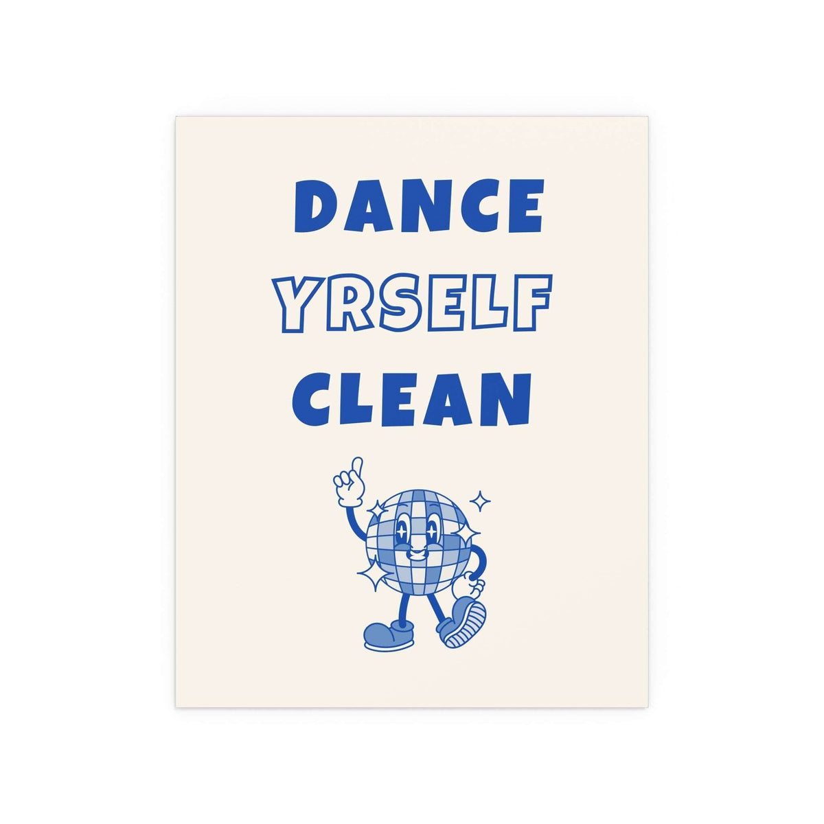 Off-white and blue LCD Soundsystem "Dance Yrself Clean" poster by Glow On Prints, featuring bold typography and abstract design.