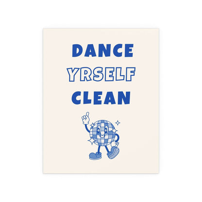 Off-white and blue LCD Soundsystem "Dance Yrself Clean" poster by Glow On Prints, featuring bold typography and abstract design.