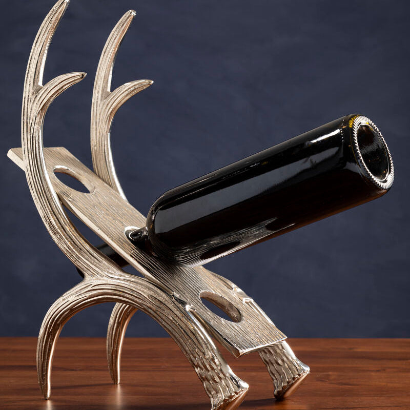 Orsina silver metal 3-bottle wine rack with curved antler design