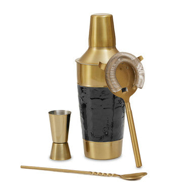 Black enamel 4-piece cocktail set by Orsina with shaker and bar accessories