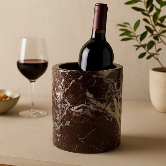 Orsina red marble wine cooler by Salmo, cylindrical design with polished stone finish