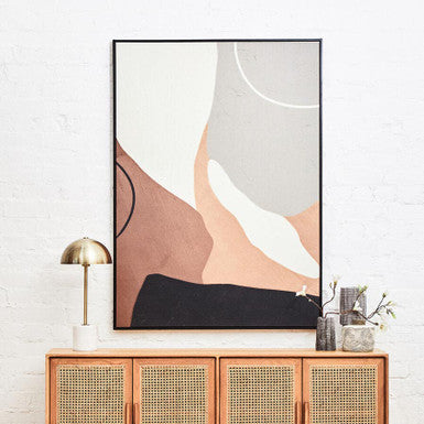 Neutral abstract canvas wall art by Orsina, featuring soft organic shapes in beige, taupe, and cream tones