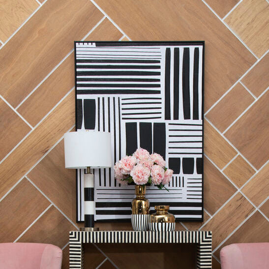 Retro Grace Stripes abstract wall art by Orsina in blue, beige, and black tones