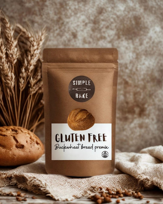 Simple Bake gluten-free buckwheat bread premix packet, showing the product label and packaging for making healthy bread.