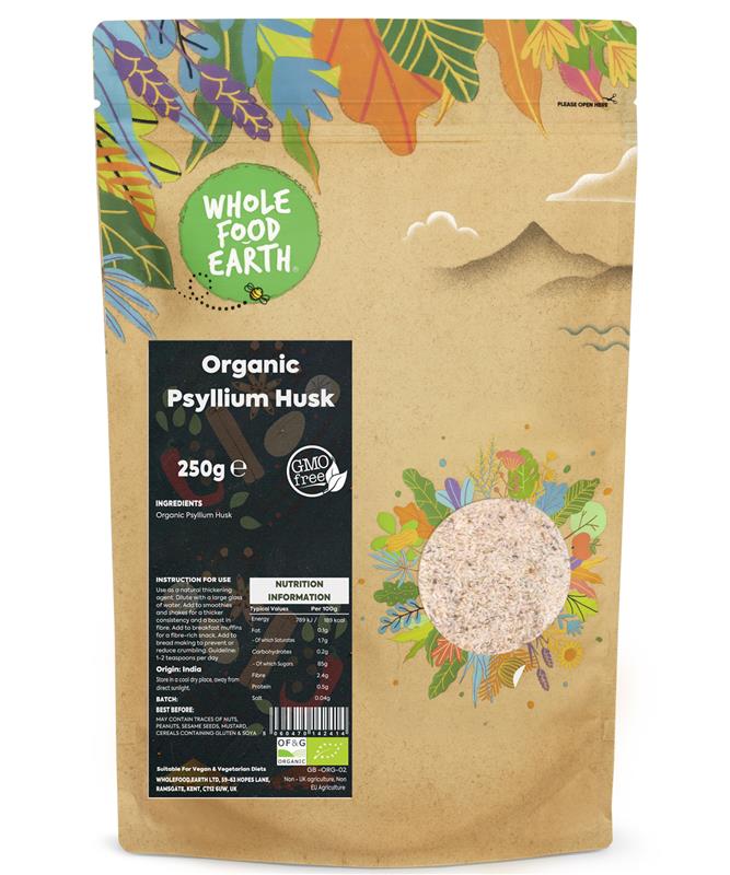 Organic Psyllium Husk from Whole Food Earth in a clear glass jar with a scoop, showing fine, light-colored husk powder.