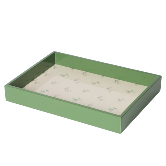 Domenica Marland x Yolke Rosebud breakfast tray in vibrant apple green with handles and floral design, perfect for serving breakfast.