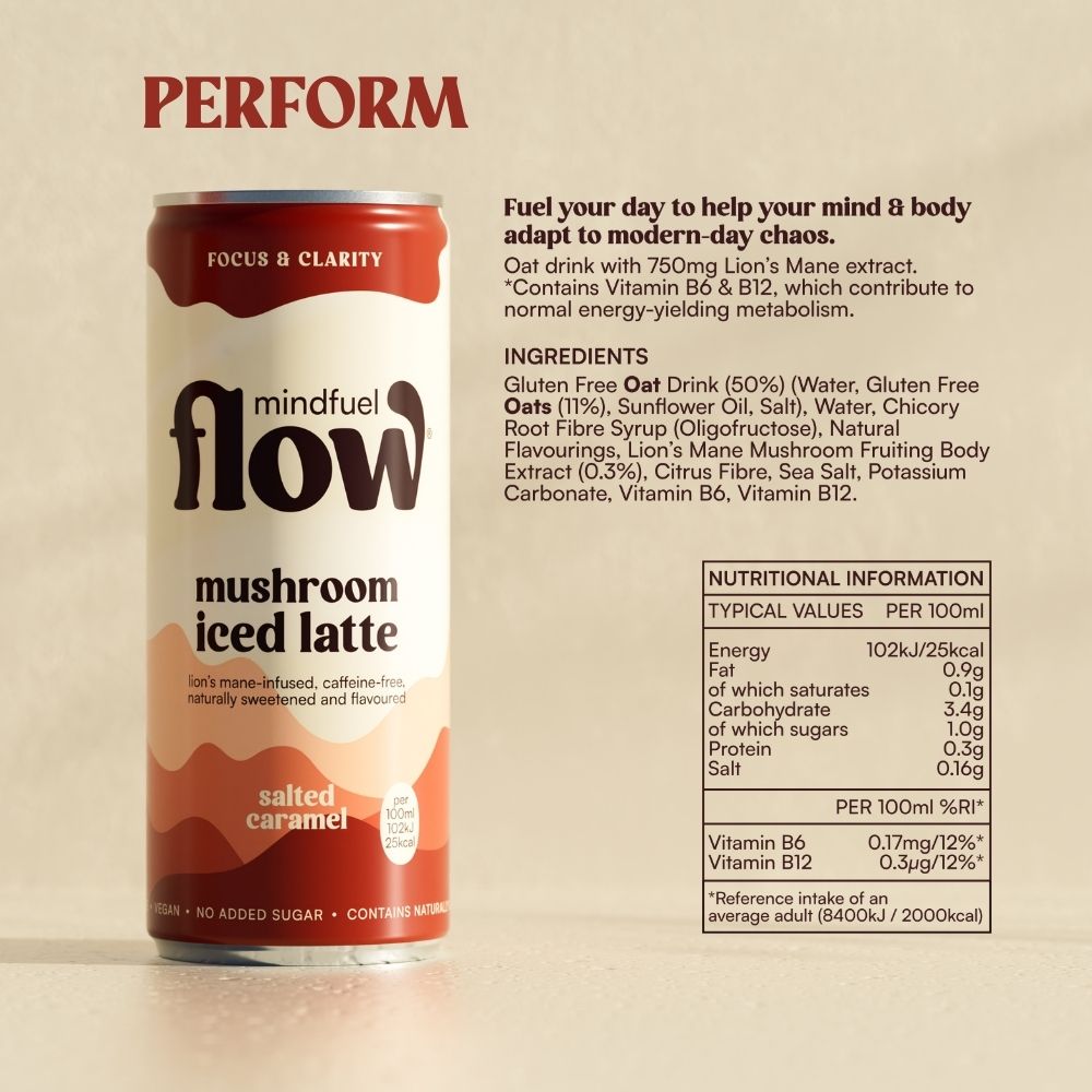 A mixed pack of Lion's Mane and Reishi Oat Latte from Mindfuel Flow, featuring colorful boxes with oat latte cups and mushroom illustrations.