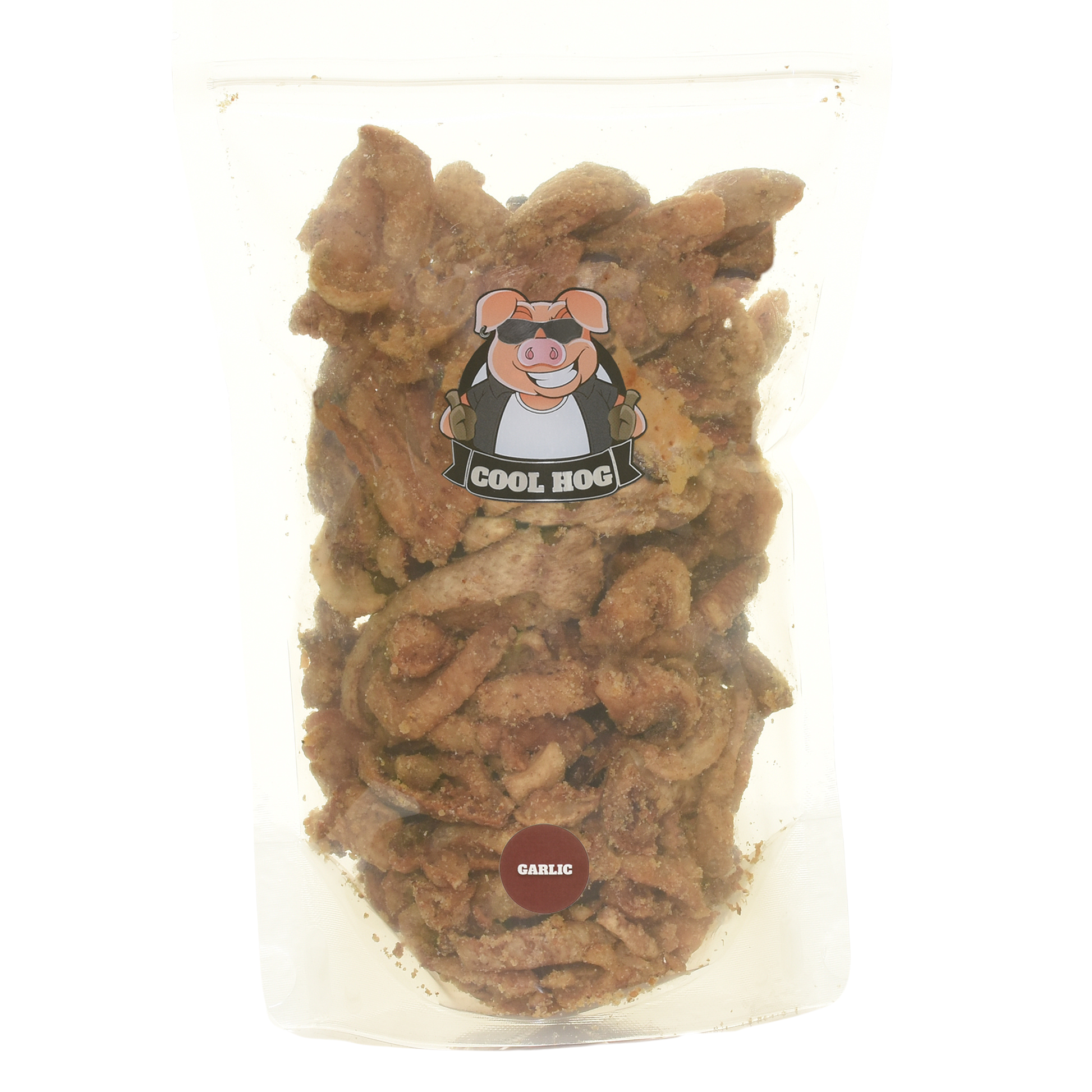 Garlic flavor pork scratching jar refill by Cool Hog Snacks, showing crispy pork scratchings with garlic seasoning in a resealable bag.