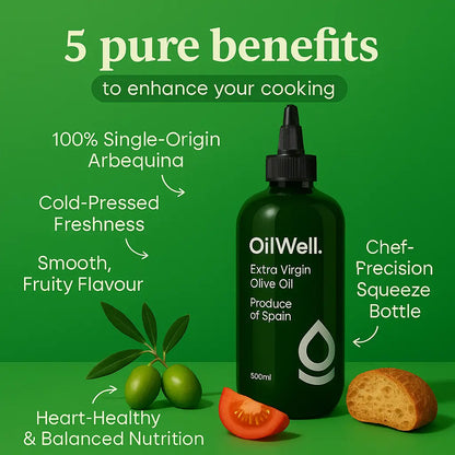 Light and smooth Spanish extra virgin olive oil by OilWell, showcasing a clear bottle with fresh olive oil in a natural setting.