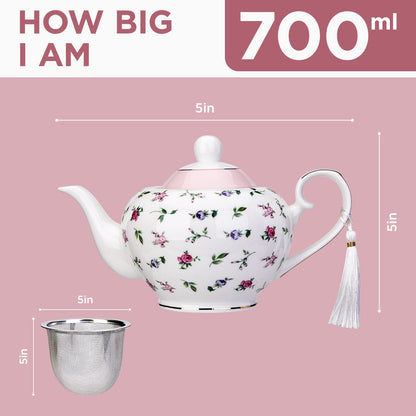 Pink floral London Boutique teapot with infuser, 700ml capacity, easy grab handle, perfect for loose tea brewing.