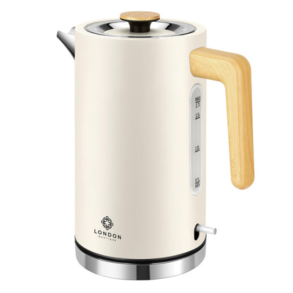 London Boutique Electric Kettle in white with wood effect handle, fast boil, cordless design, stainless steel, boil dry protection, 3KW.