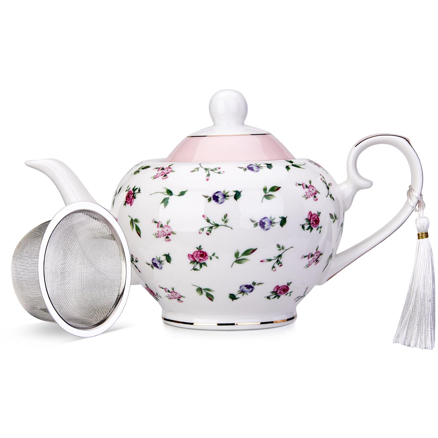 London Boutique pink teapot with infuser, 700ml capacity, easy grab handle, ideal for loose tea, featuring a floral rose design.