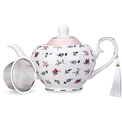 London Boutique pink teapot with infuser, 700ml capacity, easy grab handle, ideal for loose tea, featuring a floral rose design.