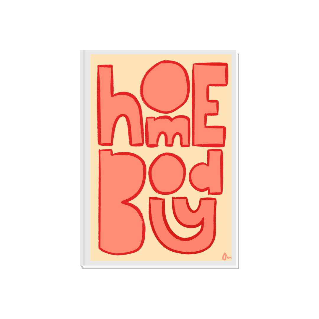 Orange typographic wall art featuring the phrase "Homebody" in a stylish design, perfect for relatable living room decor.