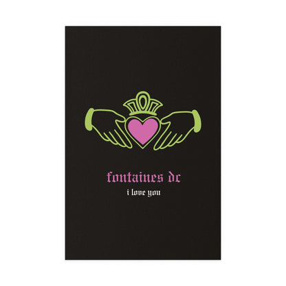 Irish Claddagh poster by Fontaines DC in black, green, and pink colors featuring the band logo on a decorative print.