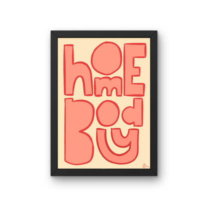 Orange typographic wall art print from Peak Prints featuring "Homebody" and "Relatable Living Room" text for modern living room decor.