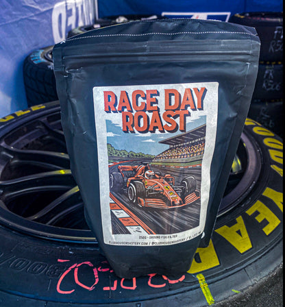 Bag of Race Day Roast coffee from Clubhouse Roastery with vibrant packaging and bold branding, ready for brewing.