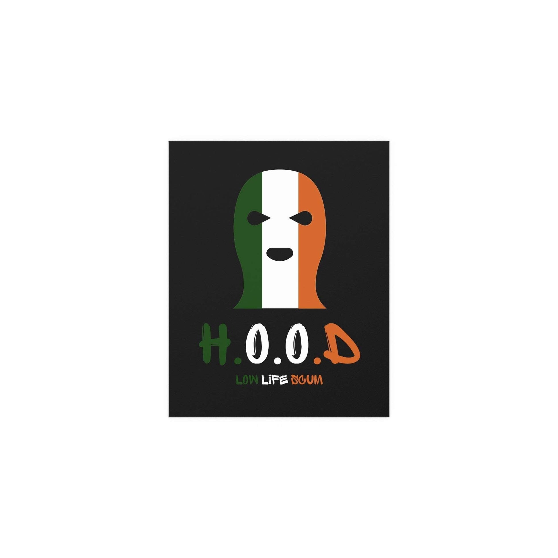 Glow On Prints kneecap poster featuring bold, artistic design with the H.O.O.D logo on a vibrant background.