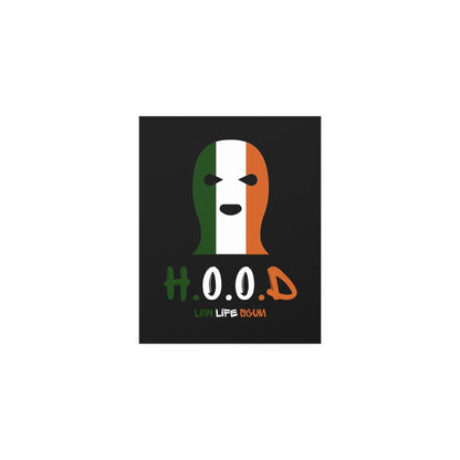 Glow On Prints kneecap poster featuring bold, artistic design with the H.O.O.D logo on a vibrant background.