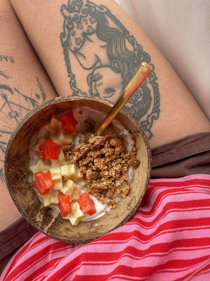 Bowl of Gurt Lush Food Co nut, seed, and sultana granola with mixed nuts, seeds, and dried sultanas on top.