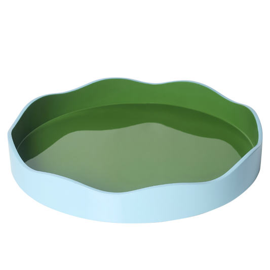 Allegra round wiggle tray in green and blue by domenicamarland, featuring a colorful, wavy design on a circular tray.