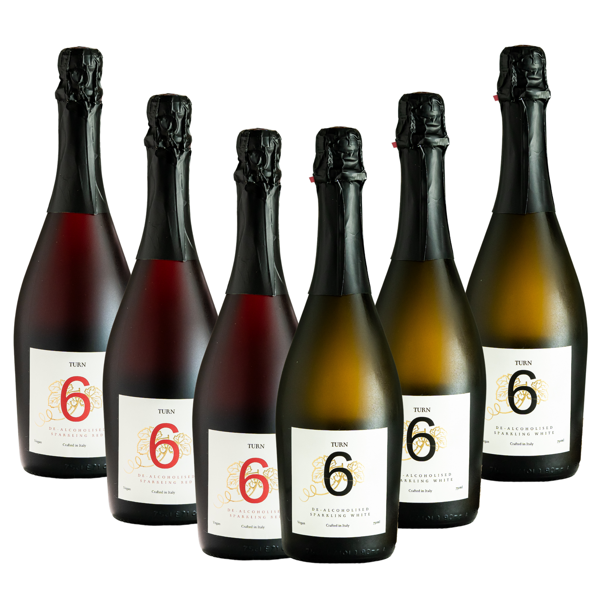 Six bottles of Turn 6 premium alcohol-free sparkling white and red wine in a case, showcasing colorful wine bottles against a neutral background.