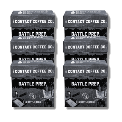 Six contact coffee company Ltd. single serve coffee bags in Battle Prep box, ready for brewing and enjoy at home or on the go.