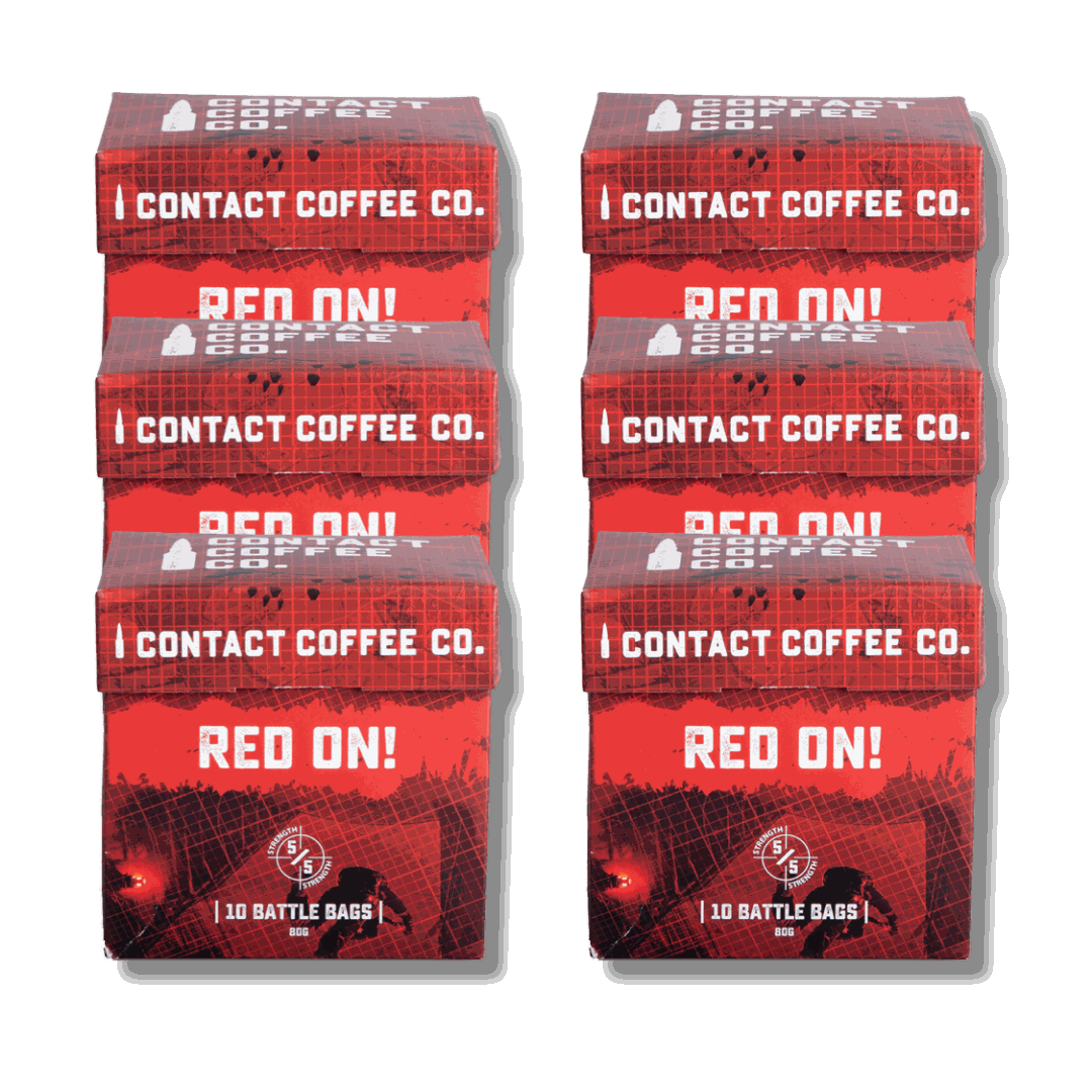 Six red Contact Coffee Company Ltd. single serve coffee bags in a bundle, ready for brewing and enjoying a fresh coffee.