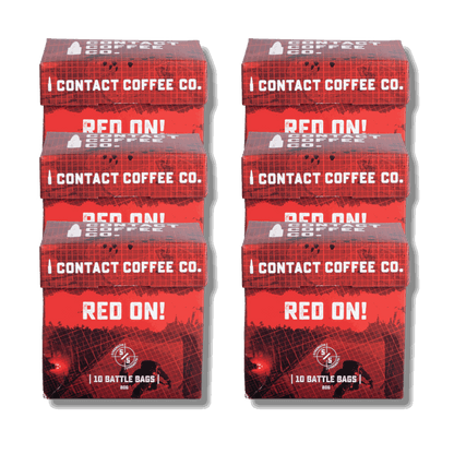 Six red Contact Coffee Company Ltd. single serve coffee bags in a bundle, ready for brewing and enjoying a fresh coffee.