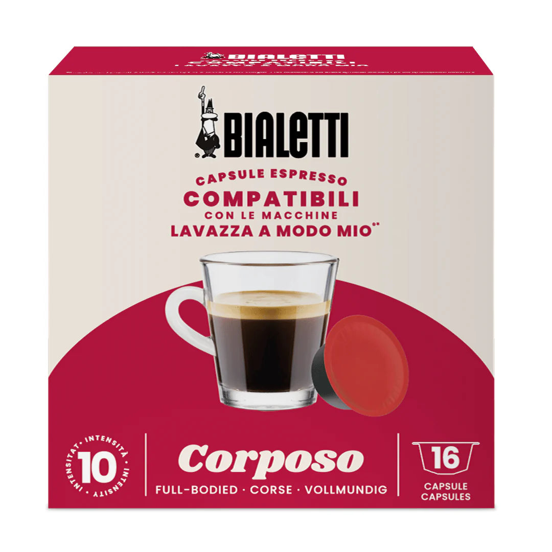 Bialetti Lavazza A Modo Mio compatible coffee capsules by Brew Italia, shown in a row with colorful packaging.
