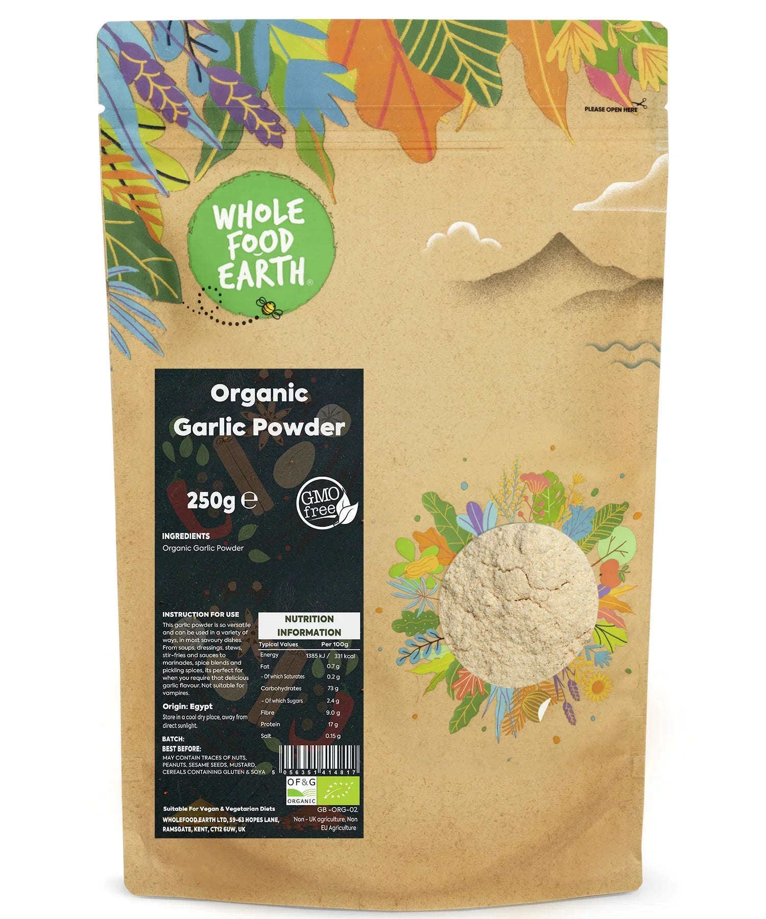 Organic garlic powder from Whole Food Earth, fine ground herb and spice, shown in a clear container with garlic cloves in the background.