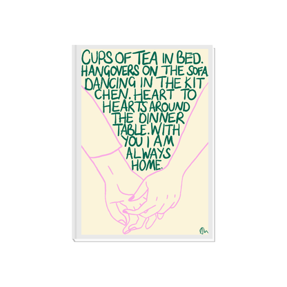 Hand-drawn green and lilac tea cups in a cozy bedroom scene, perfect for living room or bedroom decor, by Peak Prints.